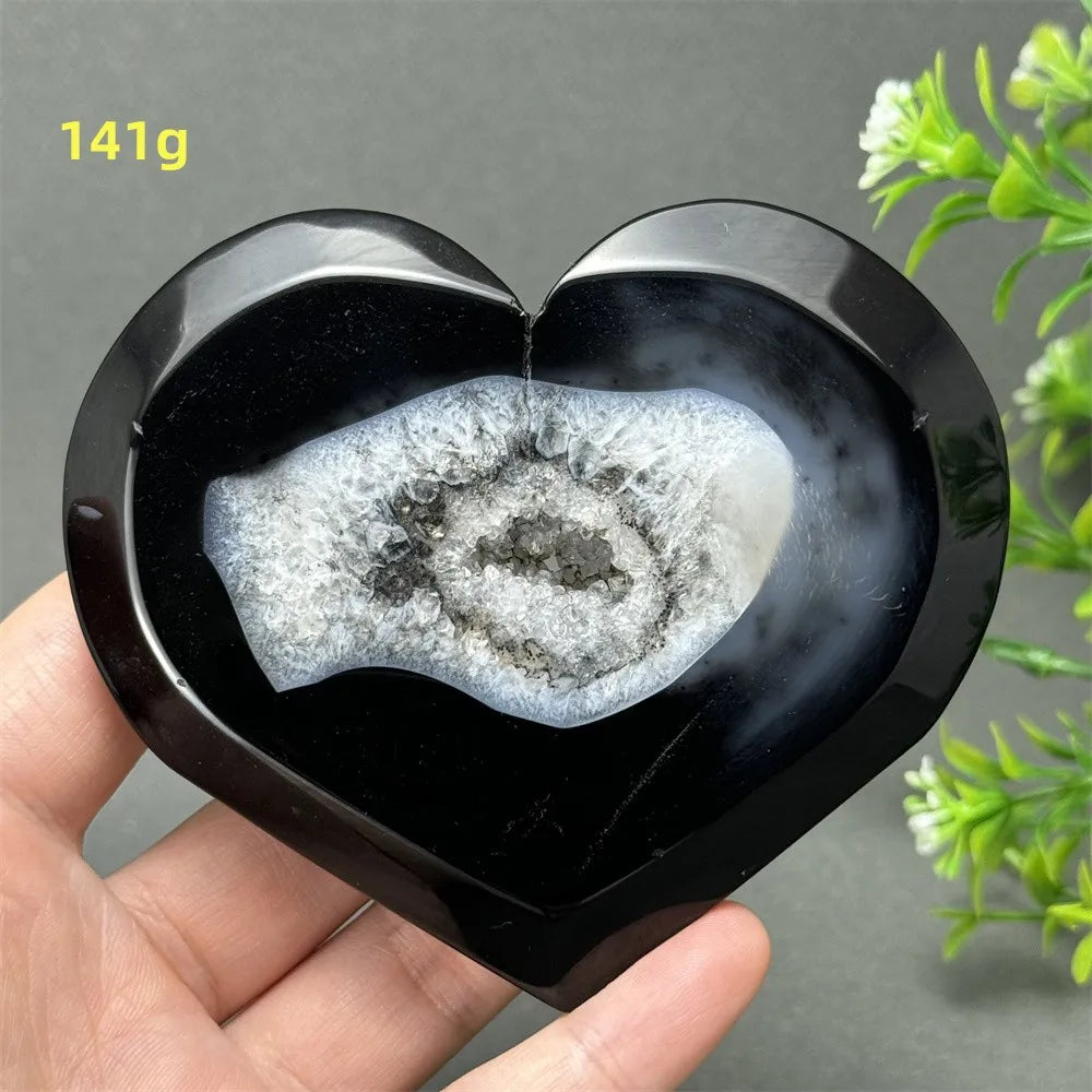 Heart Shaped Natural Black Agate Geode Crystal