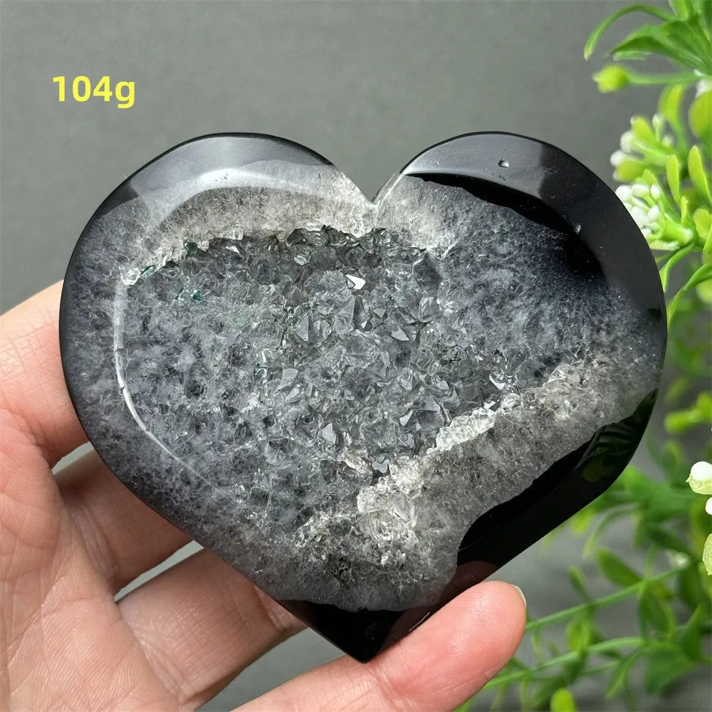 Heart Shaped Natural Black Agate Geode Crystal