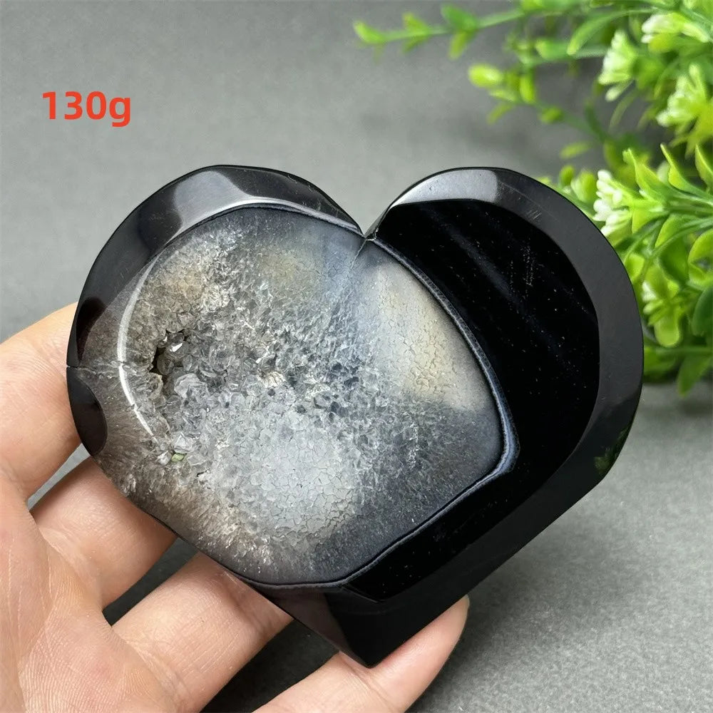 Heart Shaped Natural Black Agate Geode Crystal