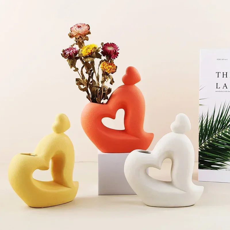 Heart-Shaped Abstract Thinker Statue, Frosted Ceramic Decoration