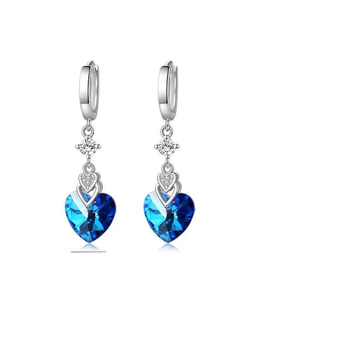 925 Sterling Silver Earrings Blue Crystal Heart-Shaped Zircon