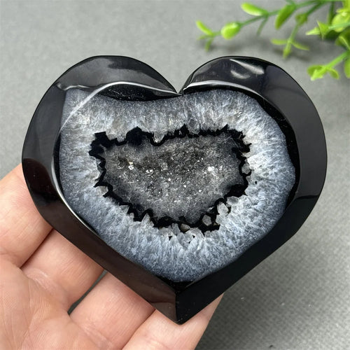 Heart Shaped Natural Black Agate Geode Crystal