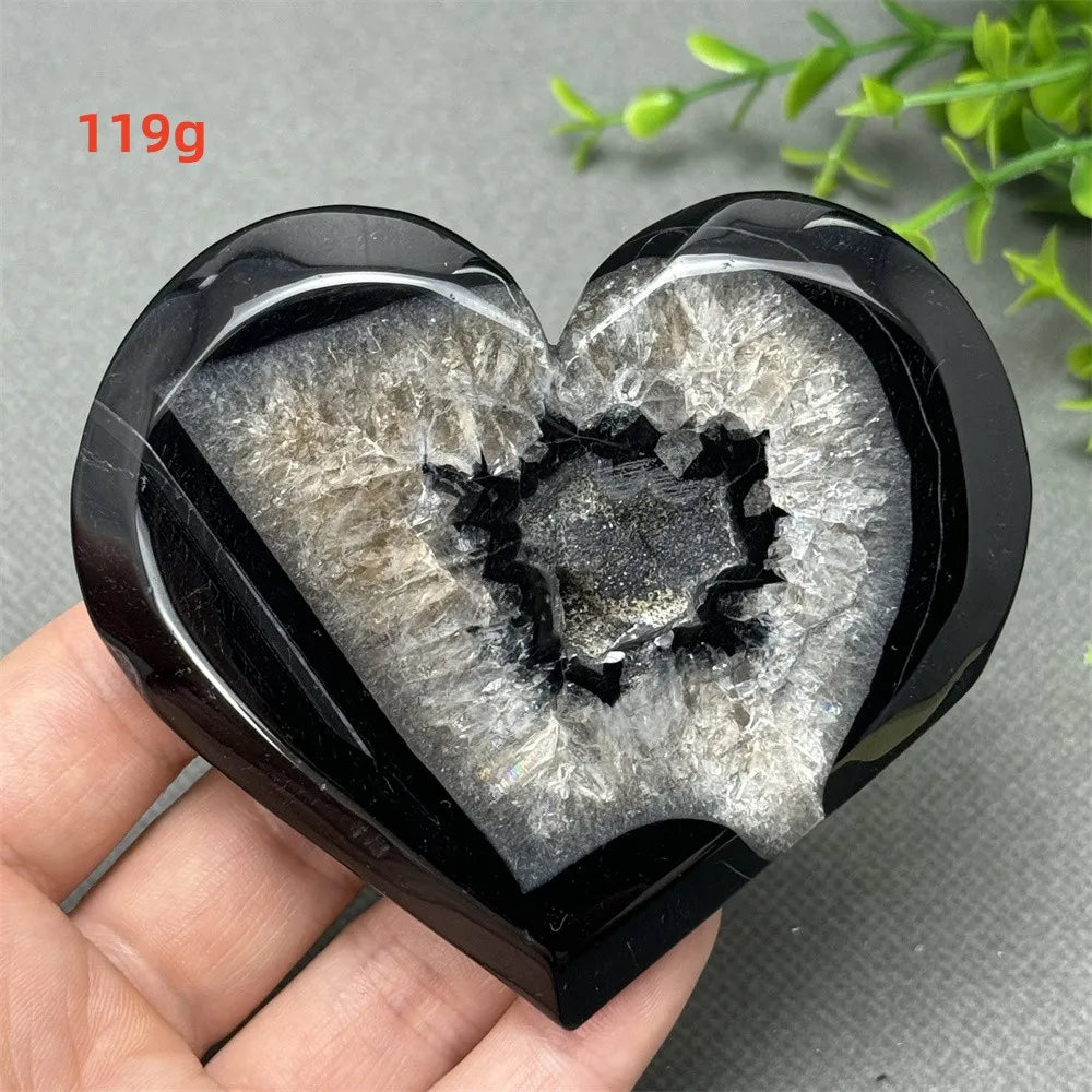 Heart Shaped Natural Black Agate Geode Crystal