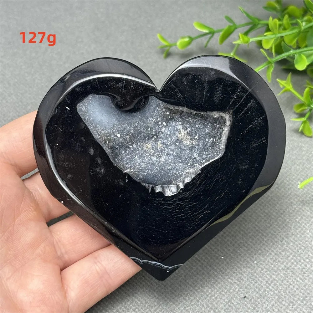 Heart Shaped Natural Black Agate Geode Crystal