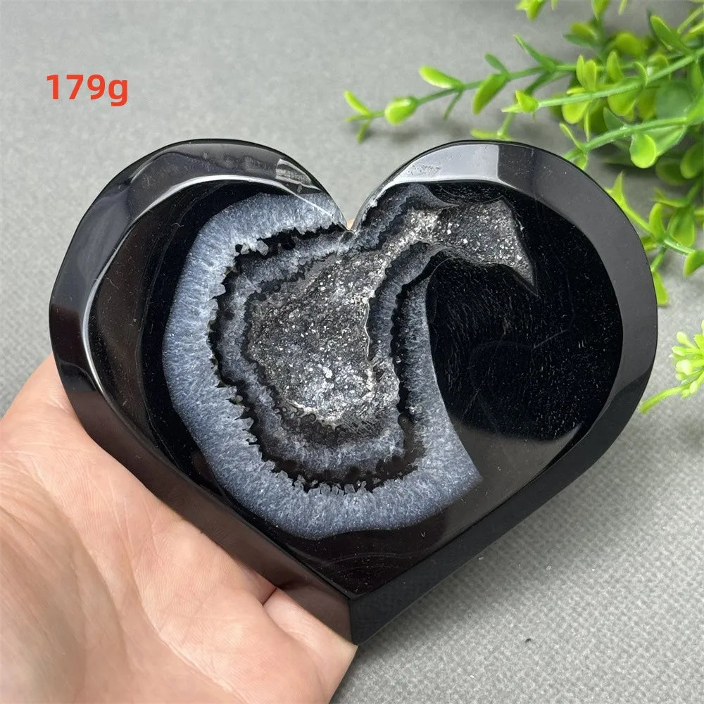 Heart Shaped Natural Black Agate Geode Crystal