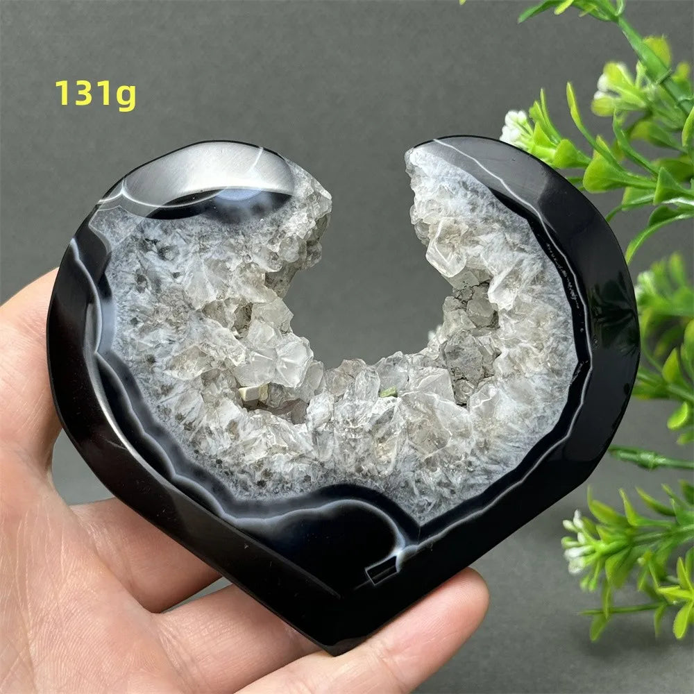 Heart Shaped Natural Black Agate Geode Crystal