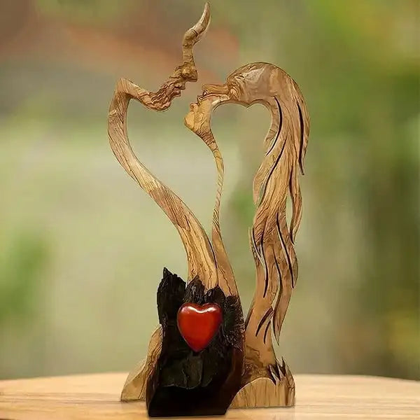 Love Eternal Wooden Hearts Couple Kissing Sculpture