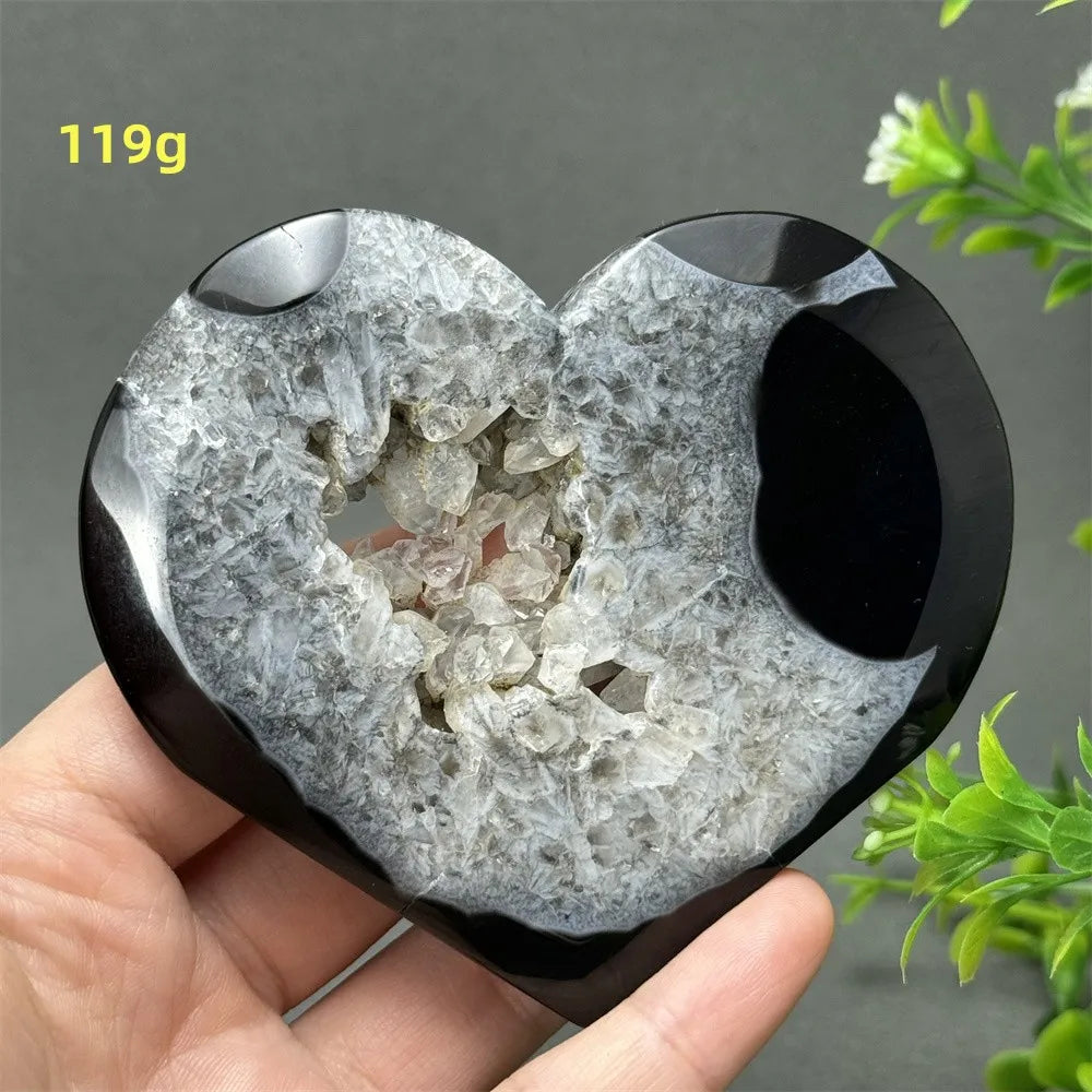 Heart Shaped Natural Black Agate Geode Crystal