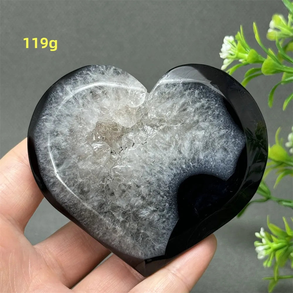 Heart Shaped Natural Black Agate Geode Crystal