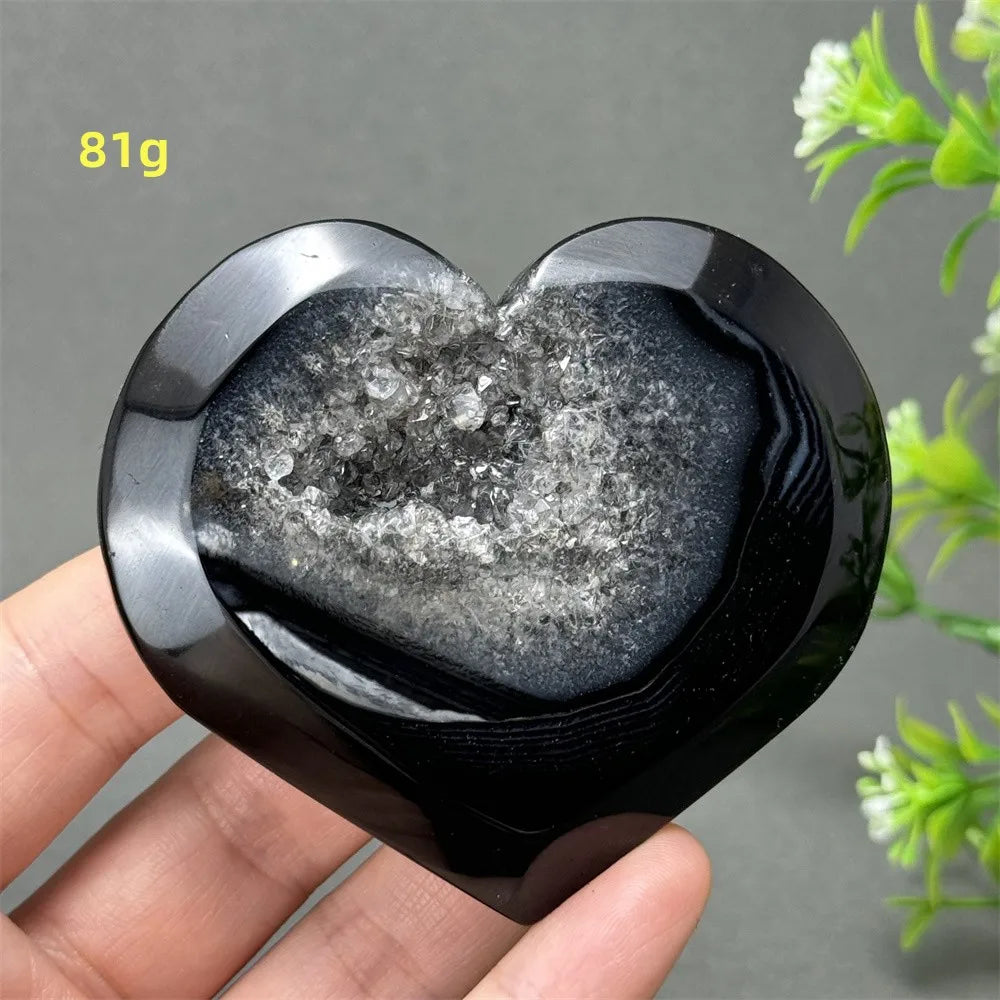 Heart Shaped Natural Black Agate Geode Crystal