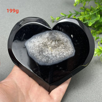 Heart Shaped Natural Black Agate Geode Crystal