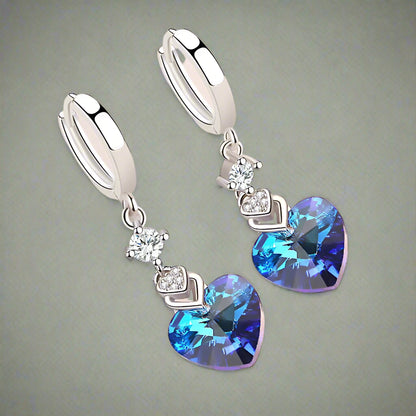 925 Sterling Silver Earrings Blue Crystal Heart-Shaped Zircon