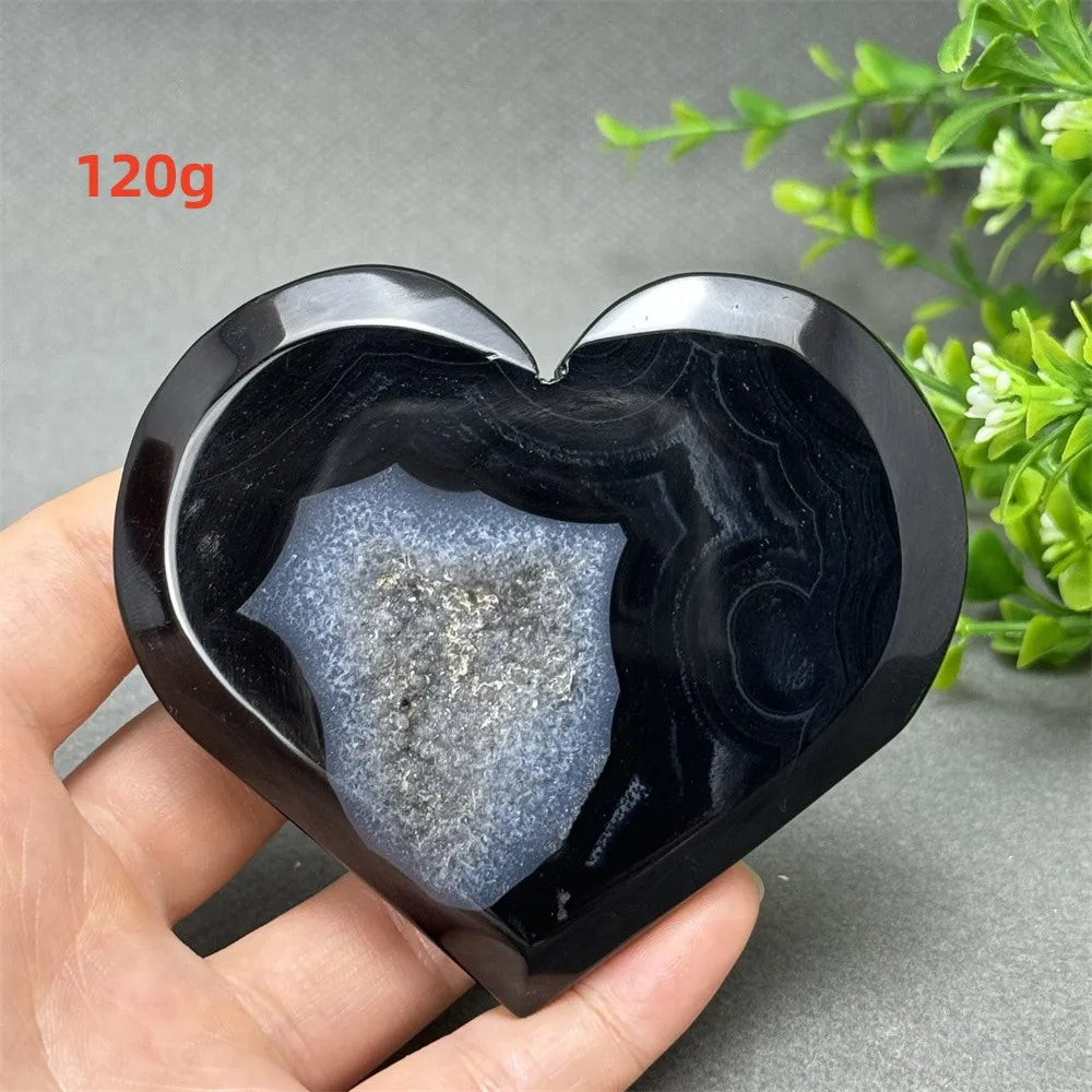 Heart Shaped Natural Black Agate Geode Crystal