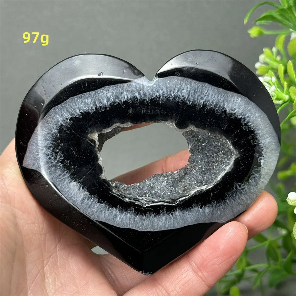 Heart Shaped Natural Black Agate Geode Crystal