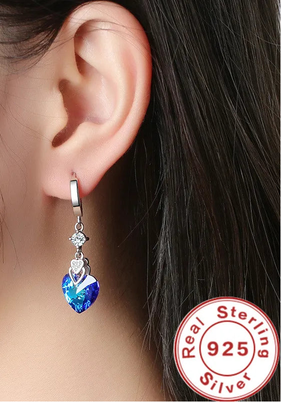 925 Sterling Silver Earrings Blue Crystal Heart-Shaped Zircon