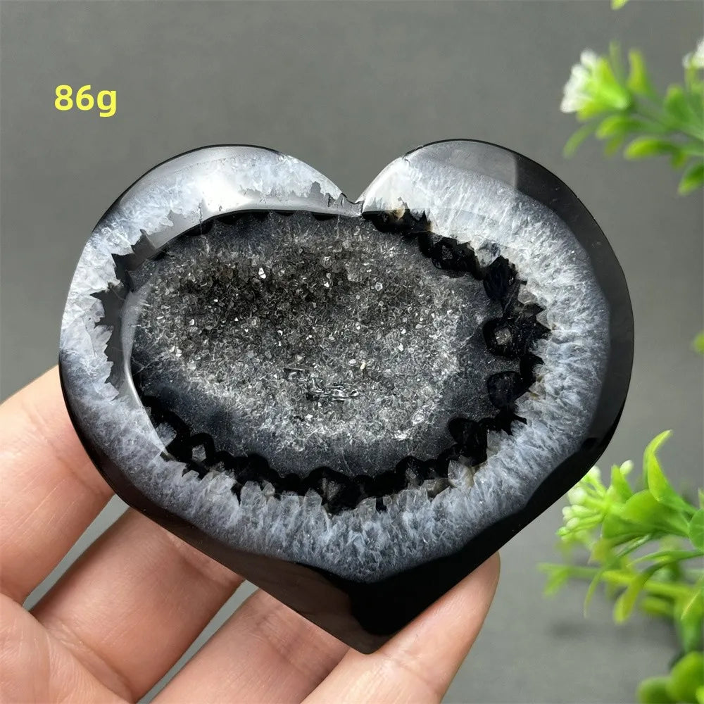 Heart Shaped Natural Black Agate Geode Crystal