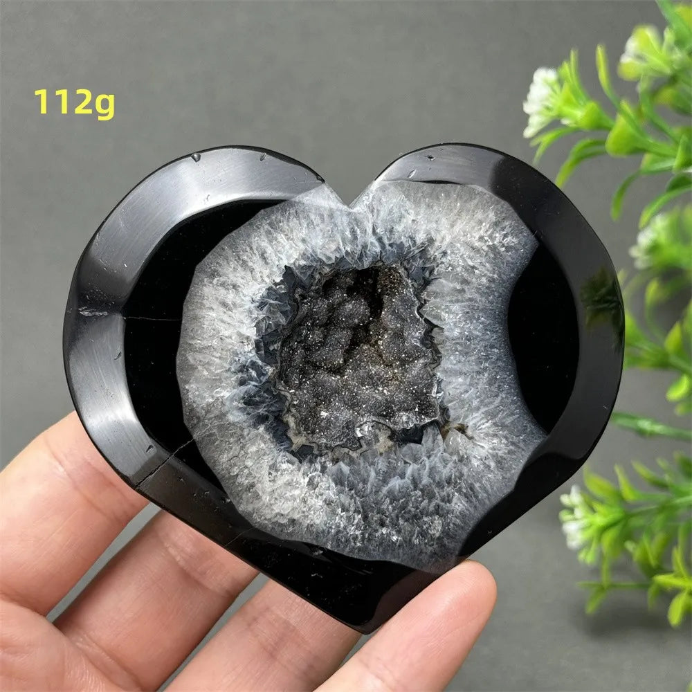 Heart Shaped Natural Black Agate Geode Crystal