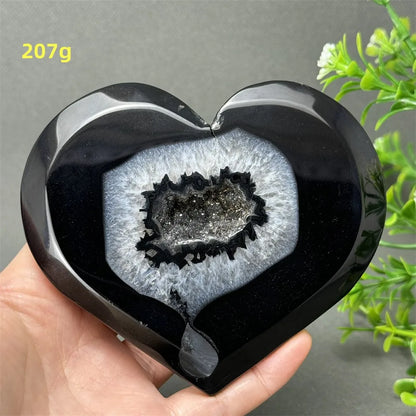 Heart Shaped Natural Black Agate Geode Crystal