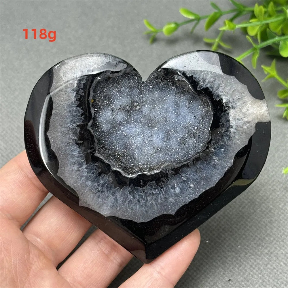 Heart Shaped Natural Black Agate Geode Crystal