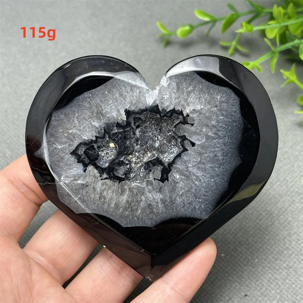 Heart Shaped Natural Black Agate Geode Crystal