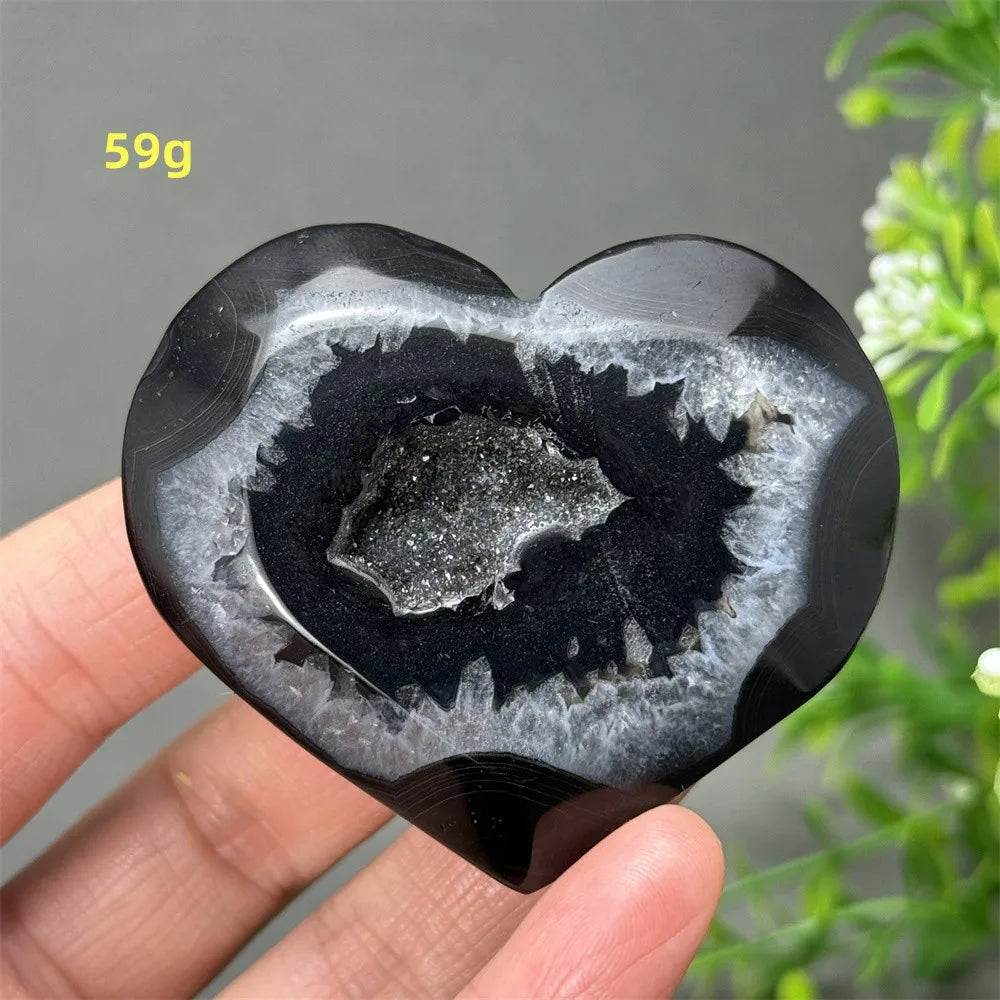 Heart Shaped Natural Black Agate Geode Crystal