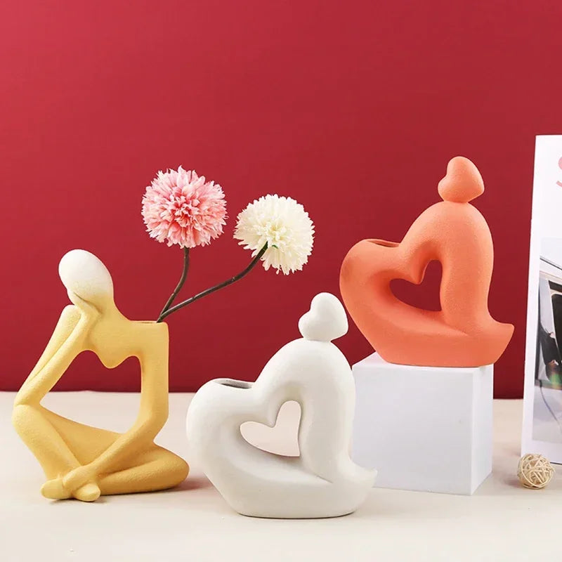 Heart-Shaped Abstract Thinker Statue, Frosted Ceramic Decoration