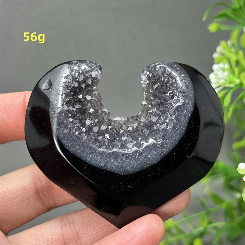 Heart Shaped Natural Black Agate Geode Crystal