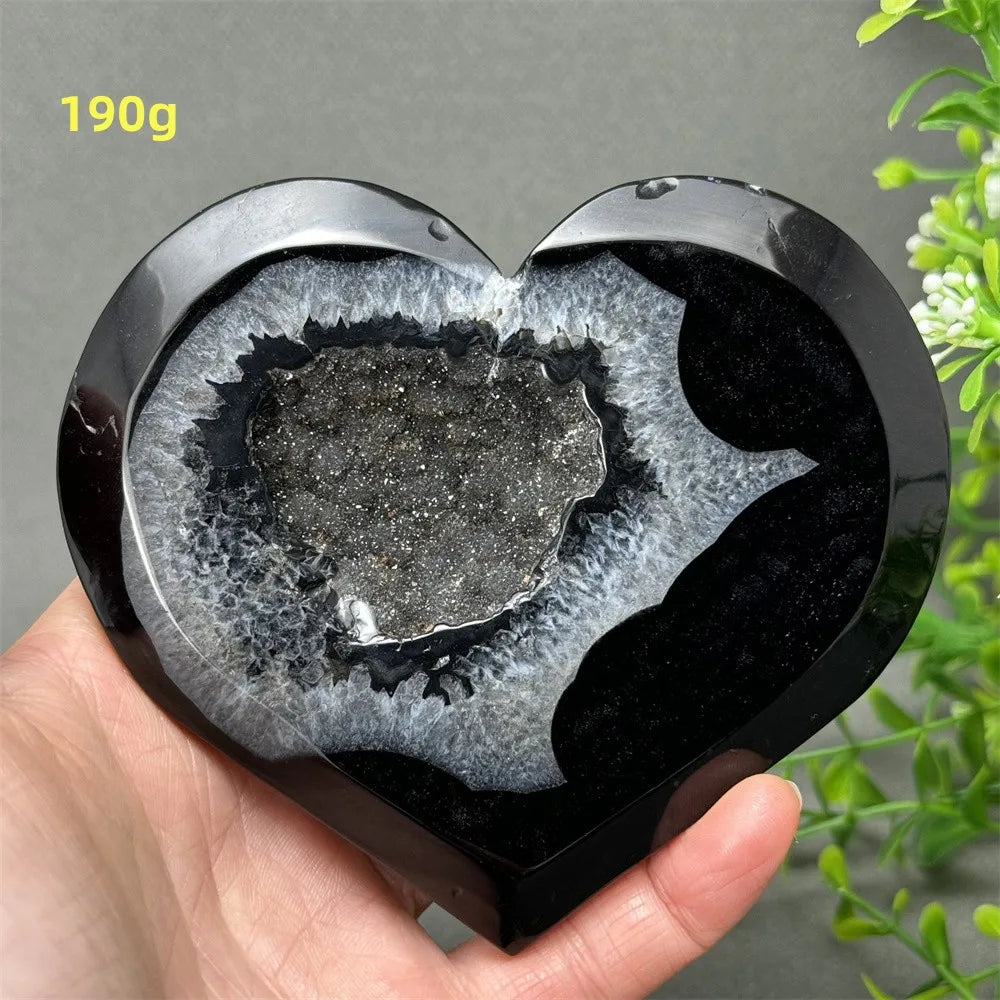 Heart Shaped Natural Black Agate Geode Crystal