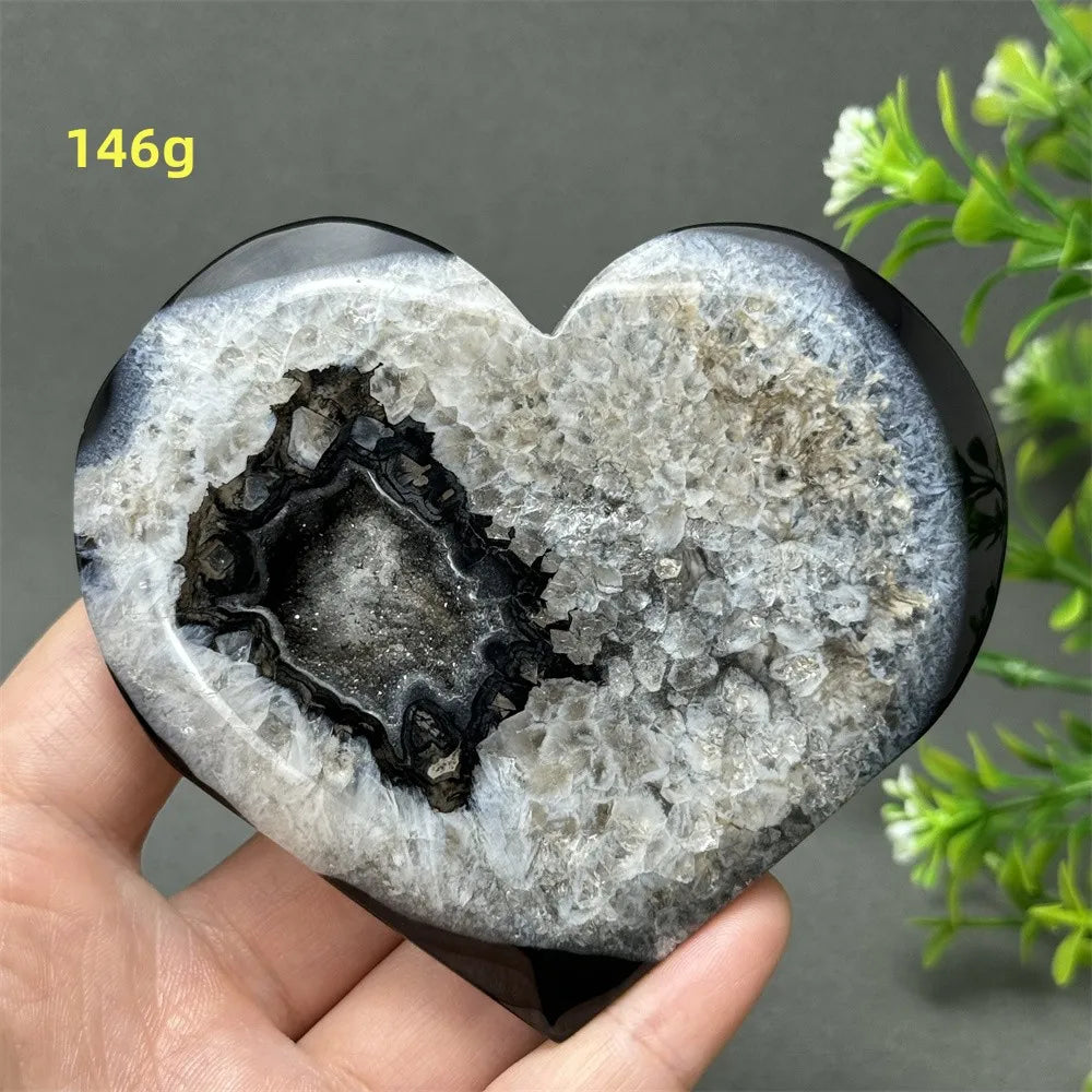 Heart Shaped Natural Black Agate Geode Crystal