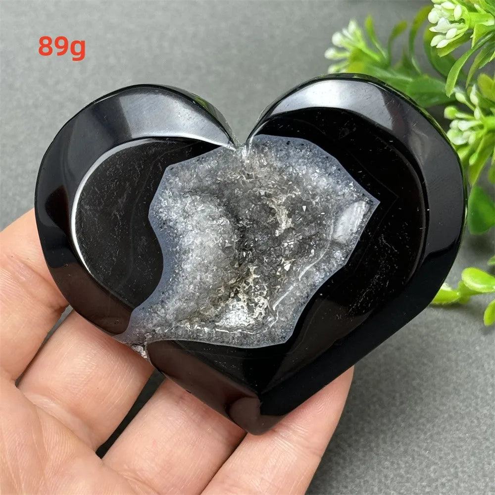 Heart Shaped Natural Black Agate Geode Crystal