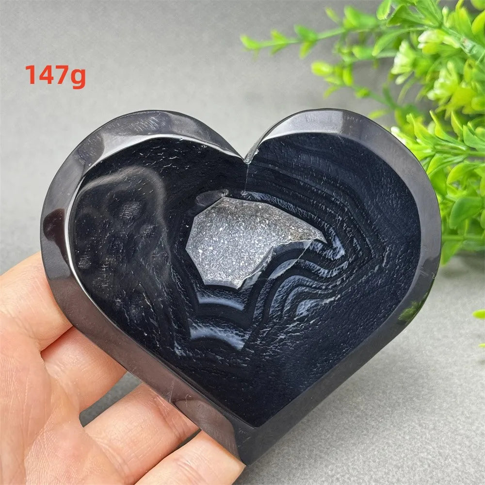 Heart Shaped Natural Black Agate Geode Crystal