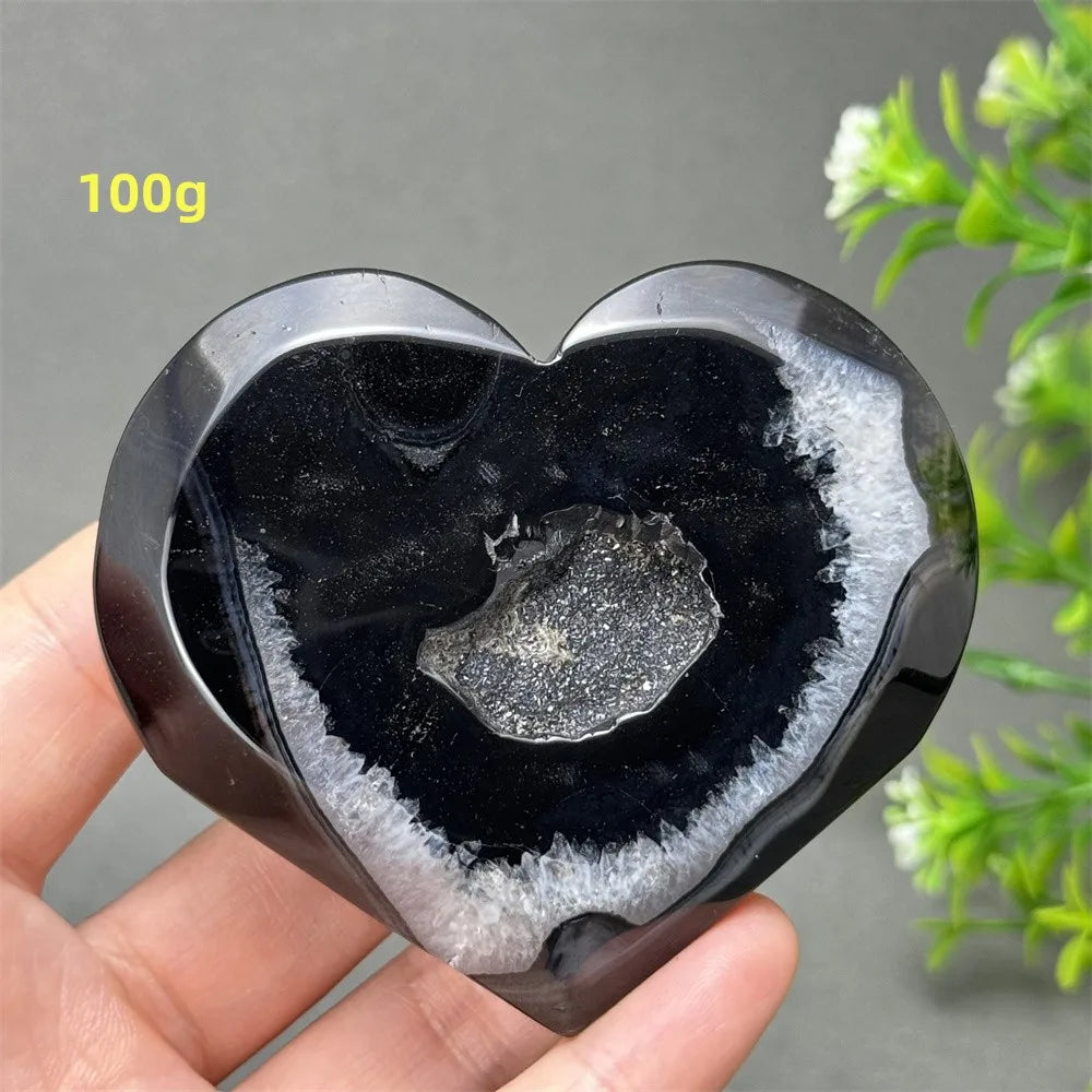 Heart Shaped Natural Black Agate Geode Crystal