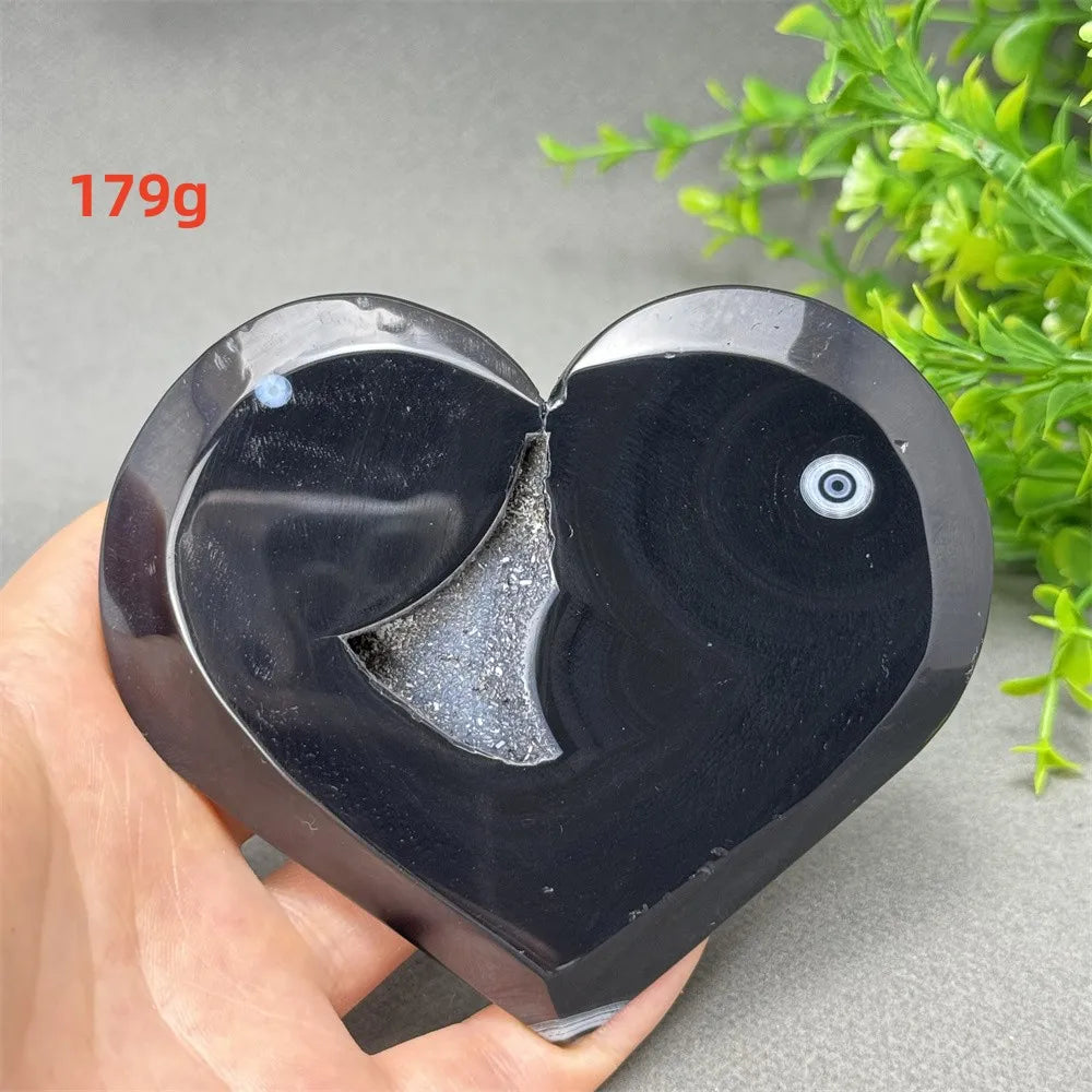 Heart Shaped Natural Black Agate Geode Crystal