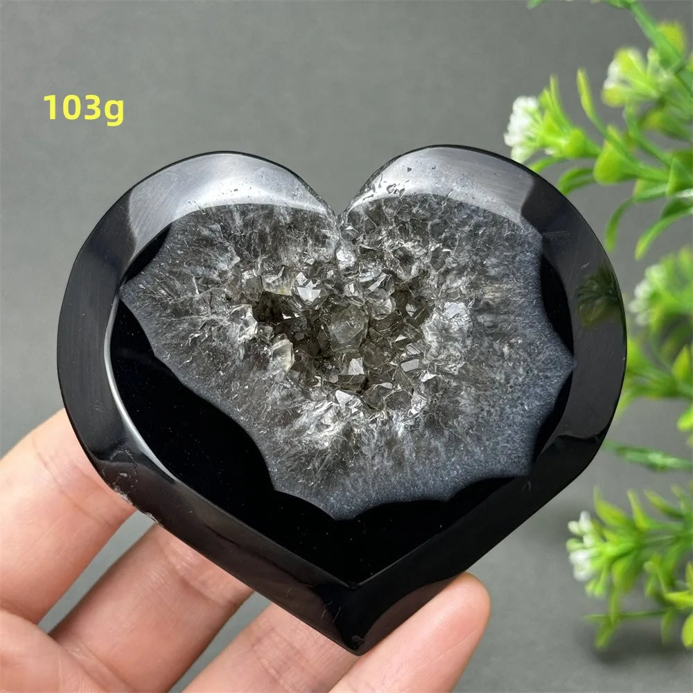 Heart Shaped Natural Black Agate Geode Crystal